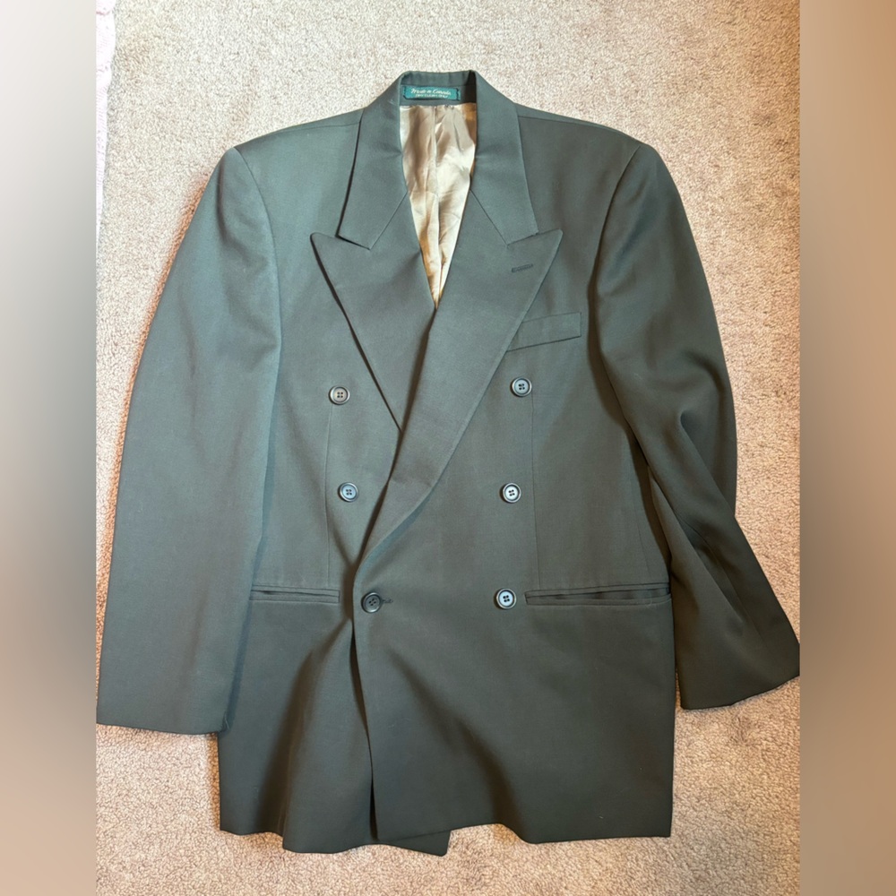 Olive / forest green double breasted peak lapel wool blazer